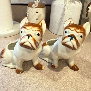 2 Vintage Ceramic French Bulldog Dog Planters - Brown and White